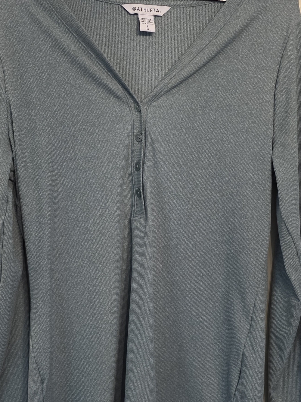Athleta Ribbed Henley Top in Dusty Teal Blue-Grey